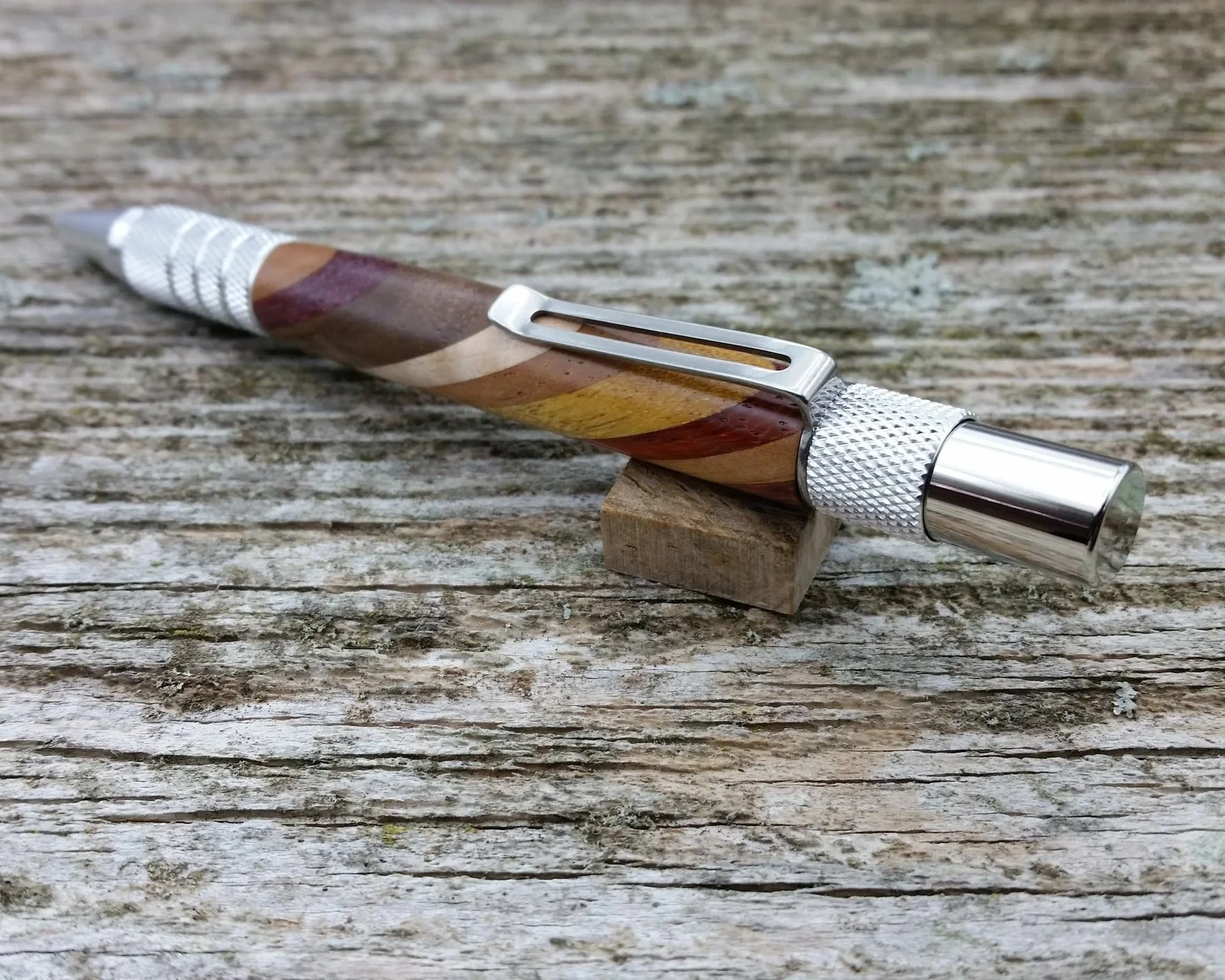 Parus Pen pencil with solid aluminum hardware and diagonal hardwood end view