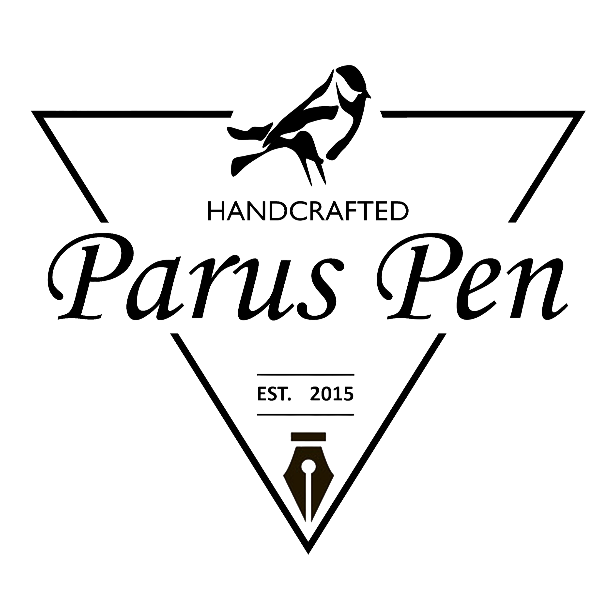 A logo for Parus Pen, a handcrafted pen brand, featuring a stylized chickadee, a triangle outline, and a fountain pen nib at the bottom, with text indicating it was established in 2015.