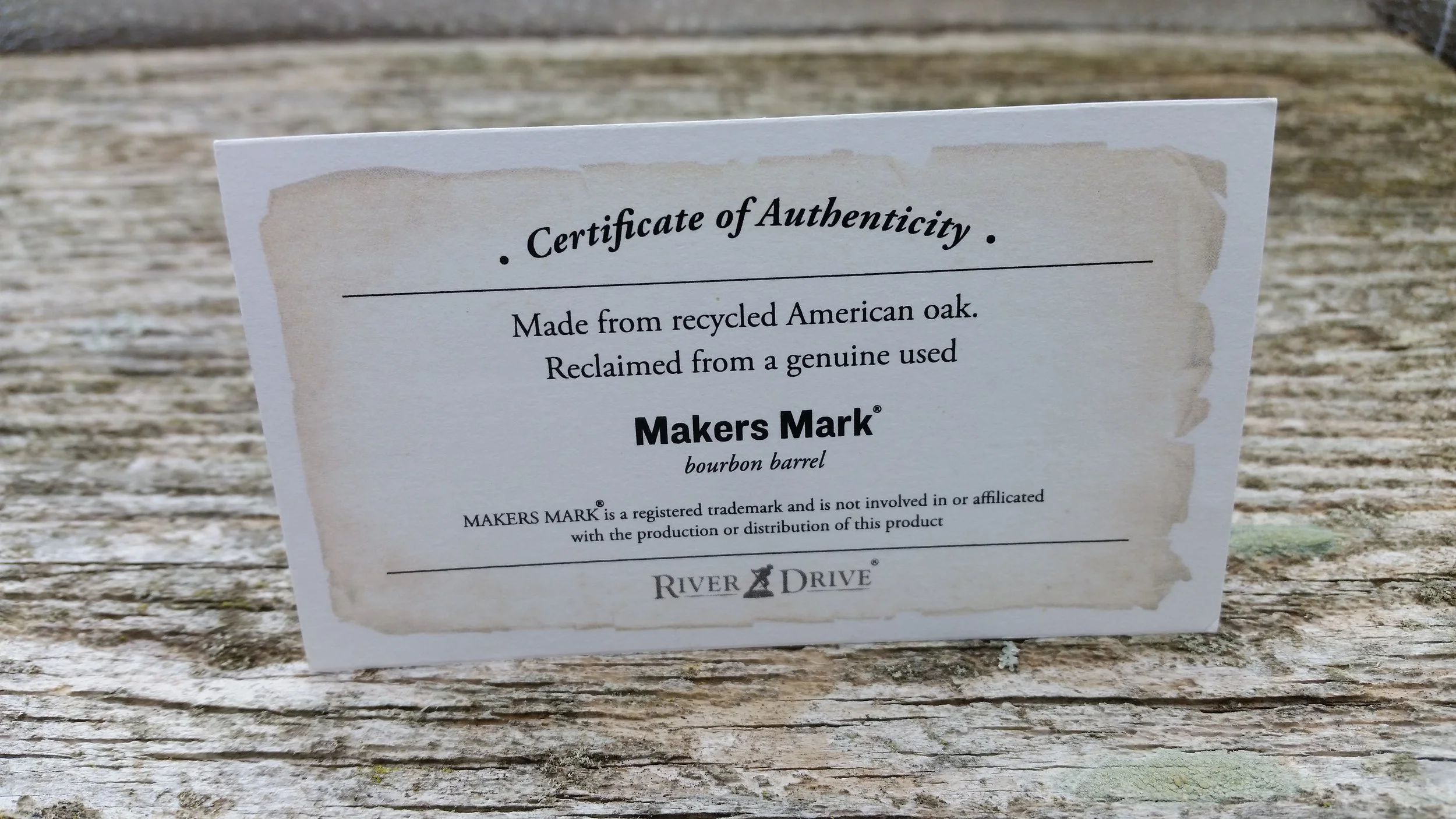Certificate of authenticity for Makers Mark barrel stave pen blank
