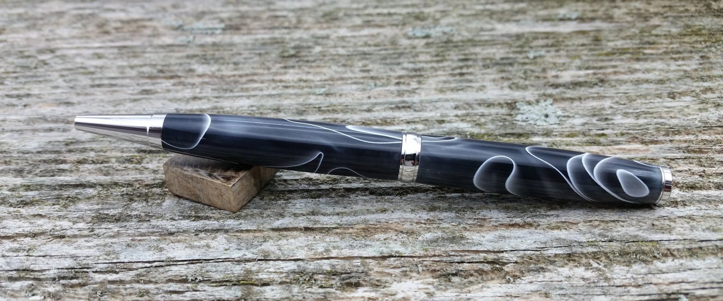 Parus Pen ballpoint twist pen with rhodium hardware and smoky black resin rear view