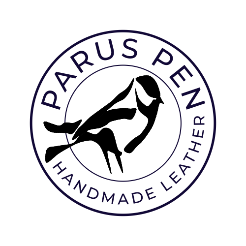 Parus Pen logo is a drawing of a chickadee and the words "Parus Pen" and "Handmade Leather" in a circular design.
