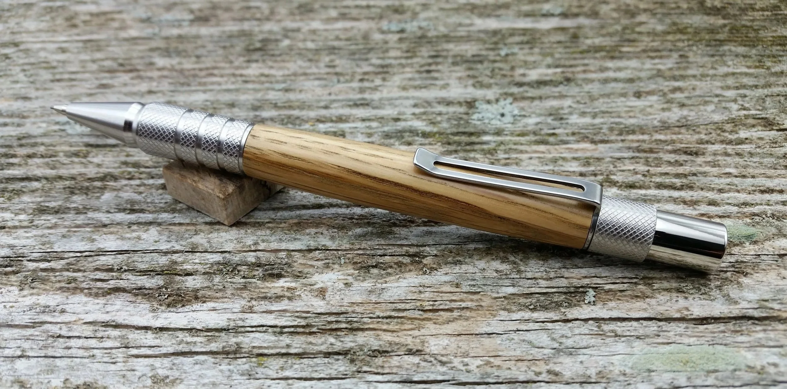 Parus Pen pencil with solid stainless steel and Makers Mark oak clip view