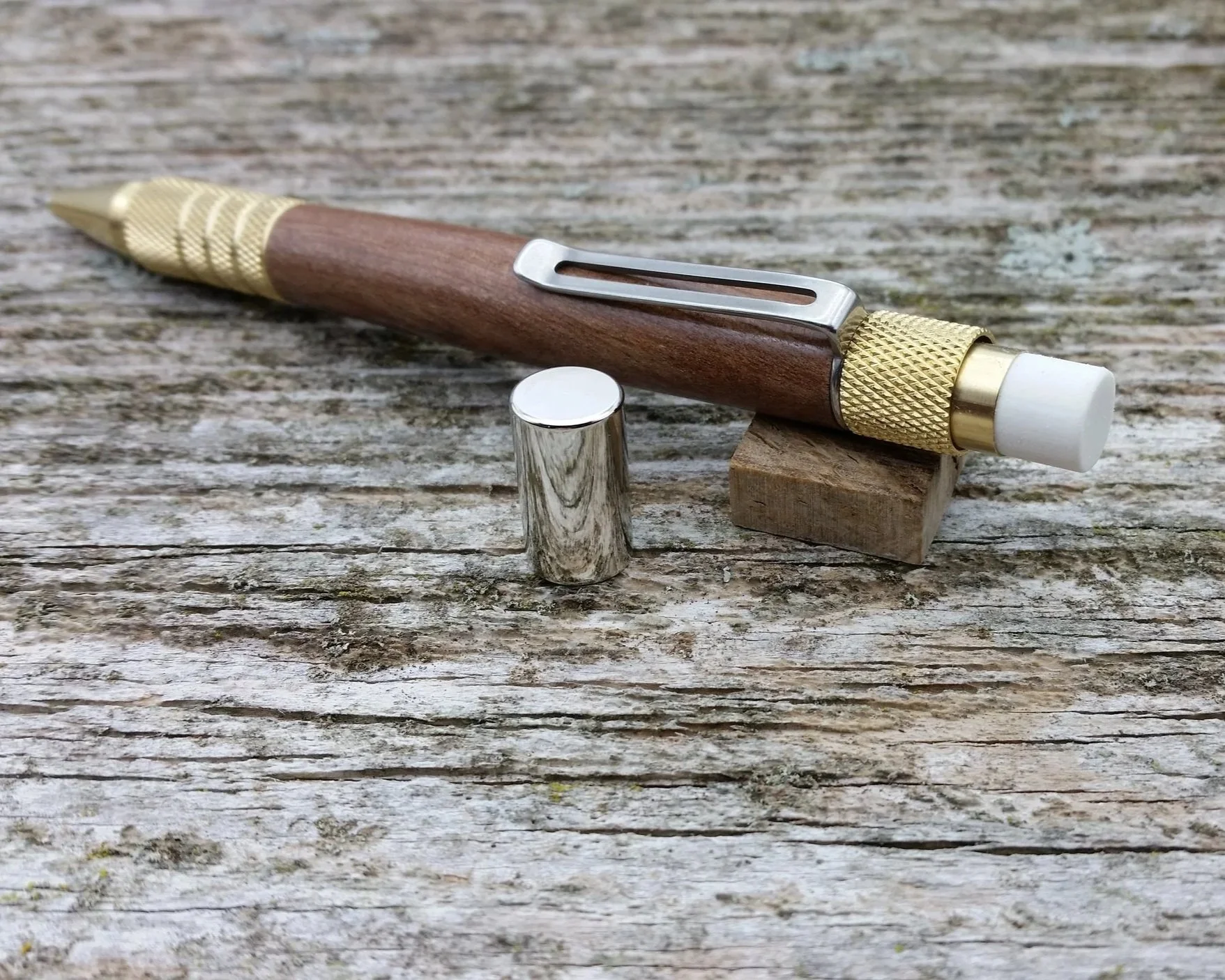 Parus Pen pencil with solid brass hardware and redwood eraser view