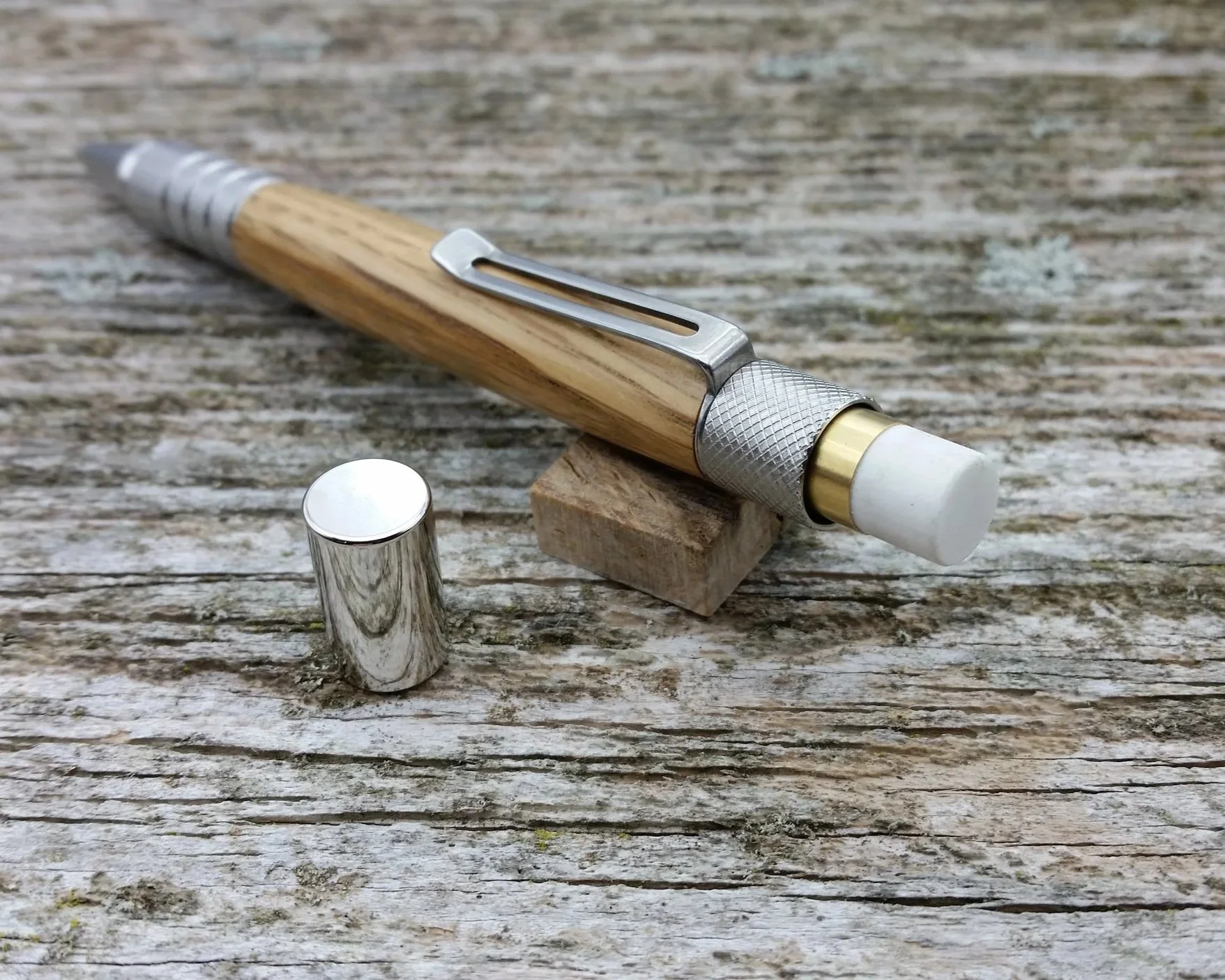 Parus Pen pencil with solid stainless steel and Makers Mark oak eraser view