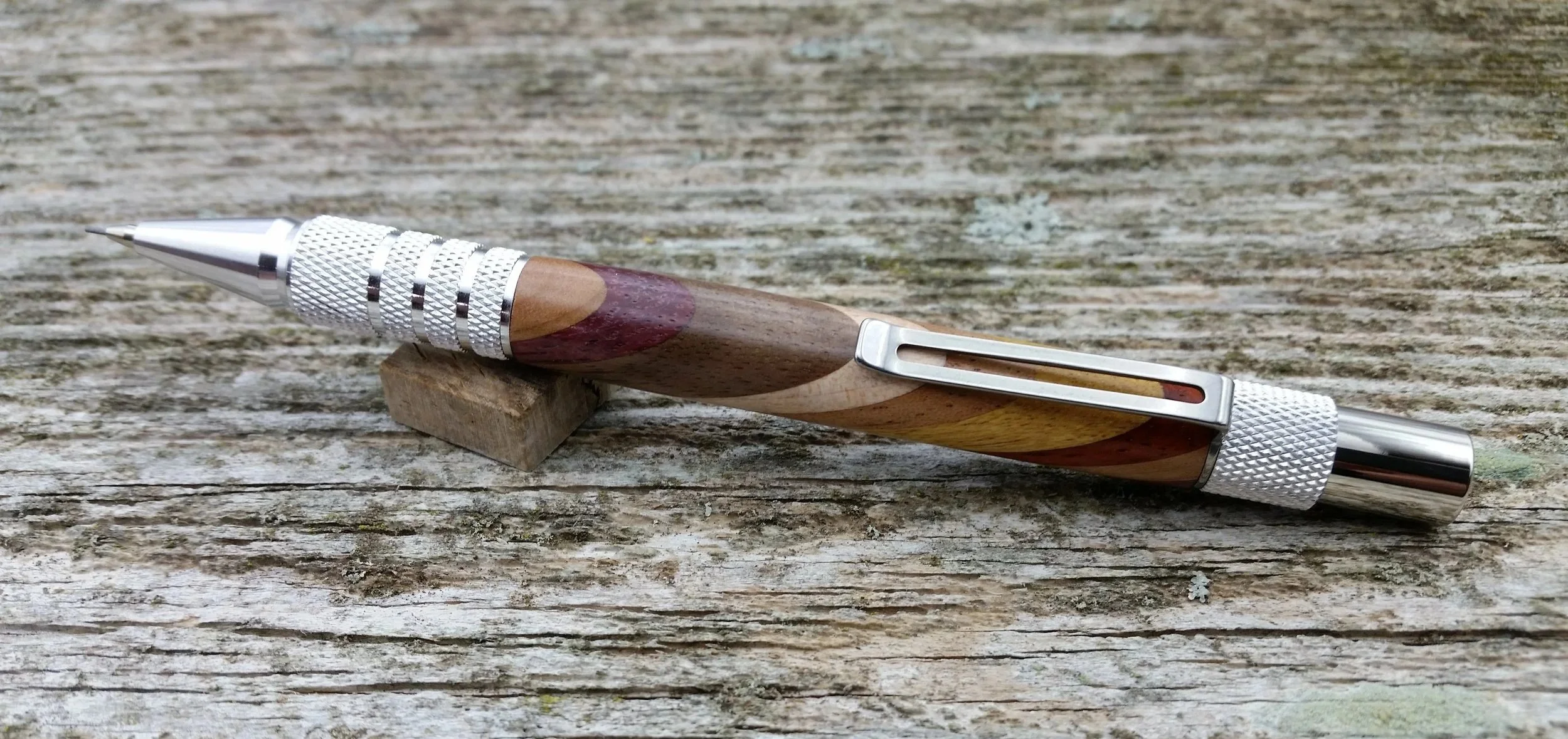 Parus Pen pencil with solid aluminum hardware and diagonal hardwood clip view