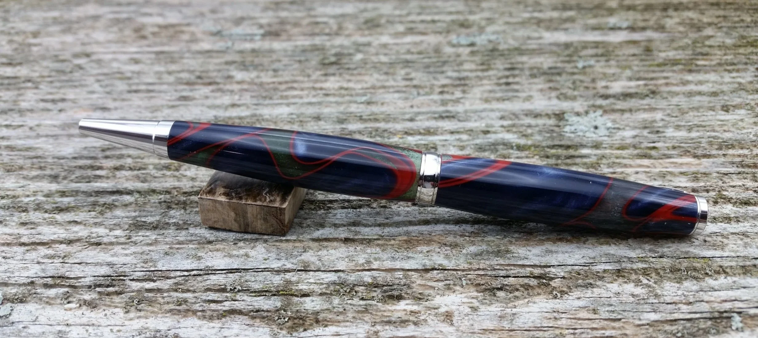 Parus Pen ballpoint twist pen with rhodium hardware and multicolored resin rear view