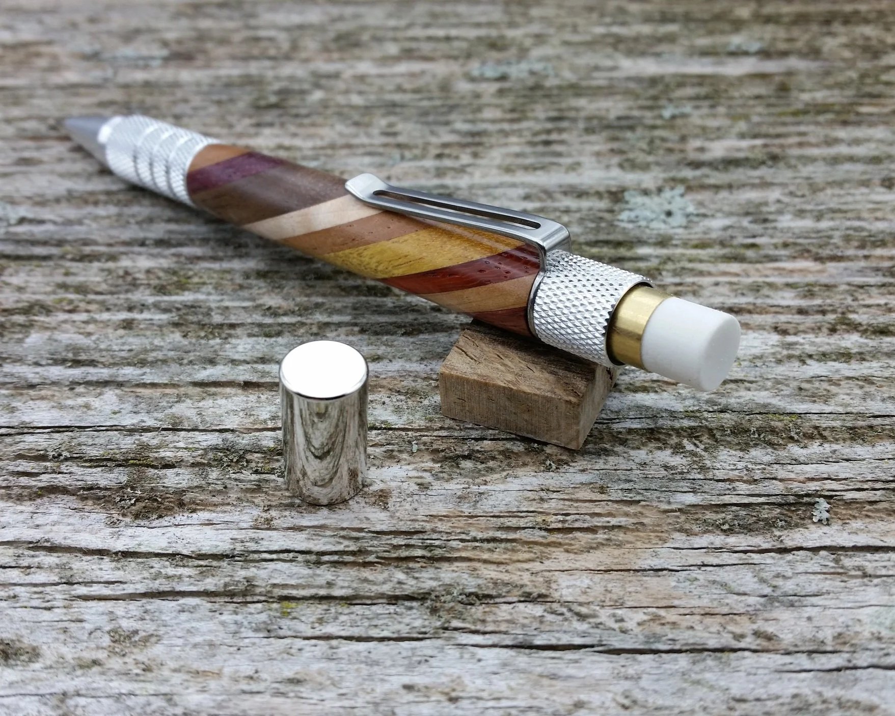 Parus Pen pencil with solid aluminum hardware and diagonal hardwood eraser view