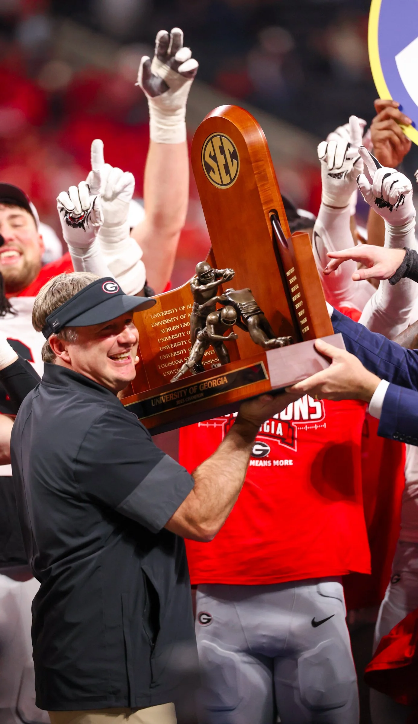 Georgia head coach Kirby Smart celebrates after Georgia wins the SEC Championship game between Georgia and Alabama at Mercedes-Benz Stadium in Atlanta, Georgia, on Saturday, Dec. 6, 2025. Georgia won 28-7. (Photo/Kaleb Tatum)