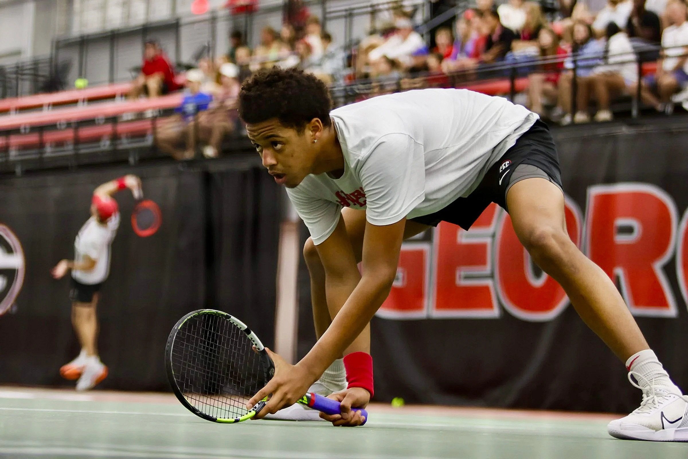 University of Georgia Sophomore Niels Ratiu prepares for a serve during the UGA vs. UVA tennis meet in Lindsey Hopkins Indoor Facility. in Athens, Georgia, on Friday Feb. 7, 2025. The University of Georgia men's tennis team fell to No. 5 Virginia on 