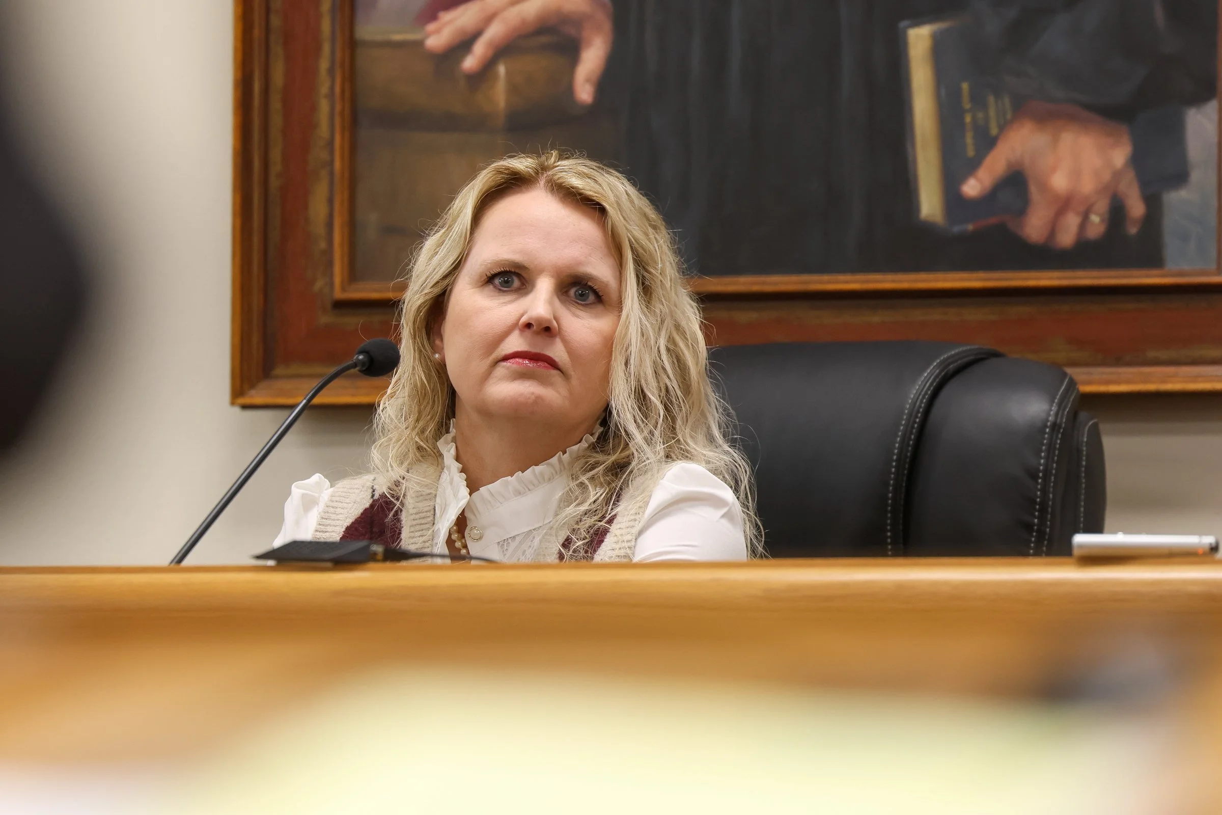 Ashley Hall sits on the witness stand during the Tara Baker murder trial at the Athens-Clarke County Courthouse in Athens, Georgia, on Monday, Feb. 2, 2026. The defense presented statements made by Hall, Tara Baker's then roommate, from the time of B