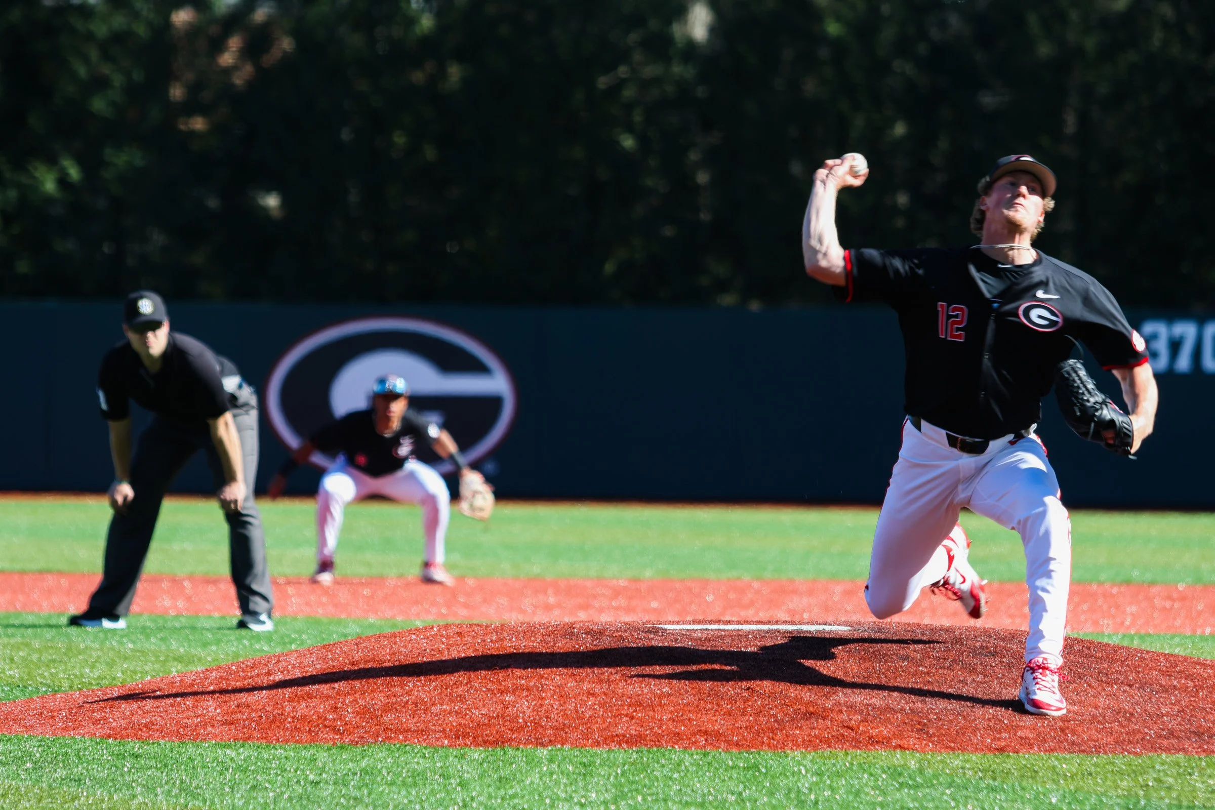 University of Georgia right-hand pitcher Leighton Finley throws a pitch during the UGA Vs FGCU baseball game at Foley Field in Athens, Georgia, on Feb. 28, 2025. The sixth-ranked Georgia Bulldogs beat Florida Gulf Coast in a 10-9 walk-off win for the