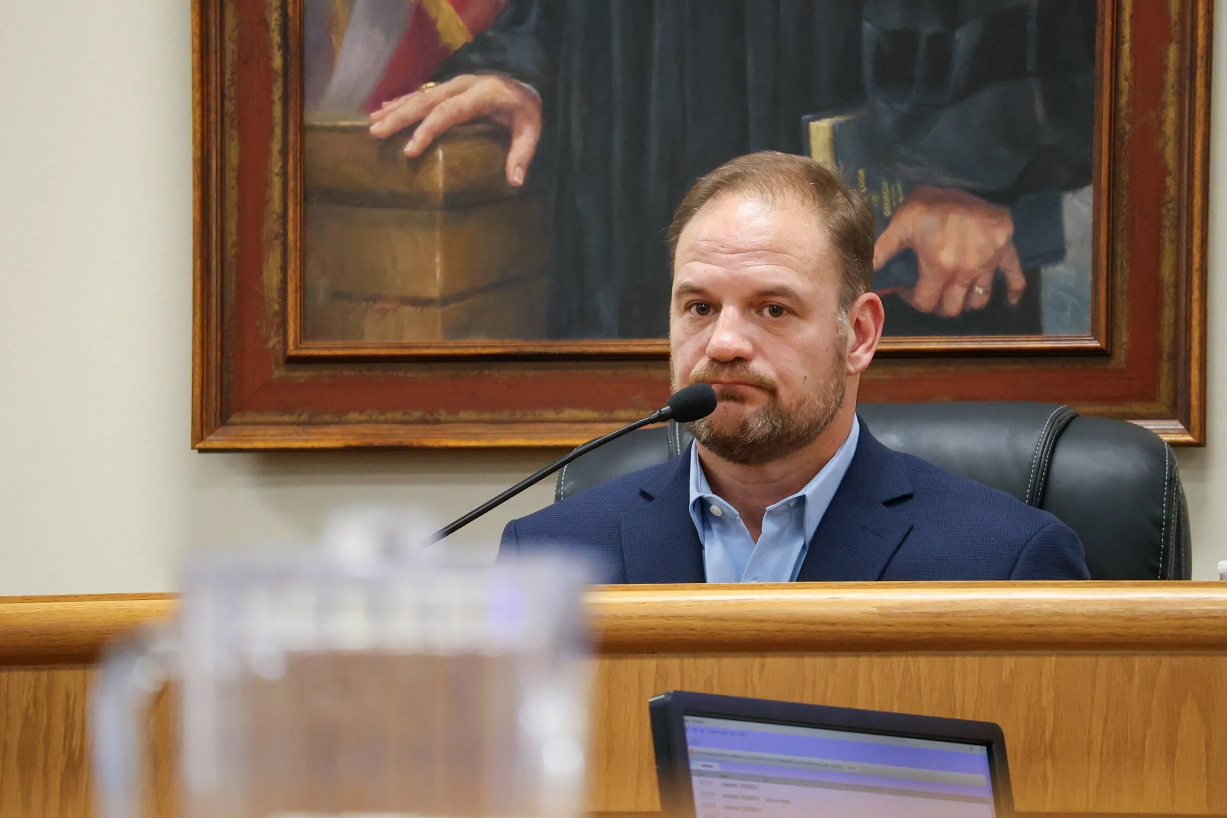 Chris Melton sits on the witness stand during the Tara Baker murder trial at the Athens-Clarke County Courthouse in Athens, Georgia, on Monday, Feb. 9, 2026. Melton, Tara Baker’s then boyfriend came up various times throughout the trial from both the