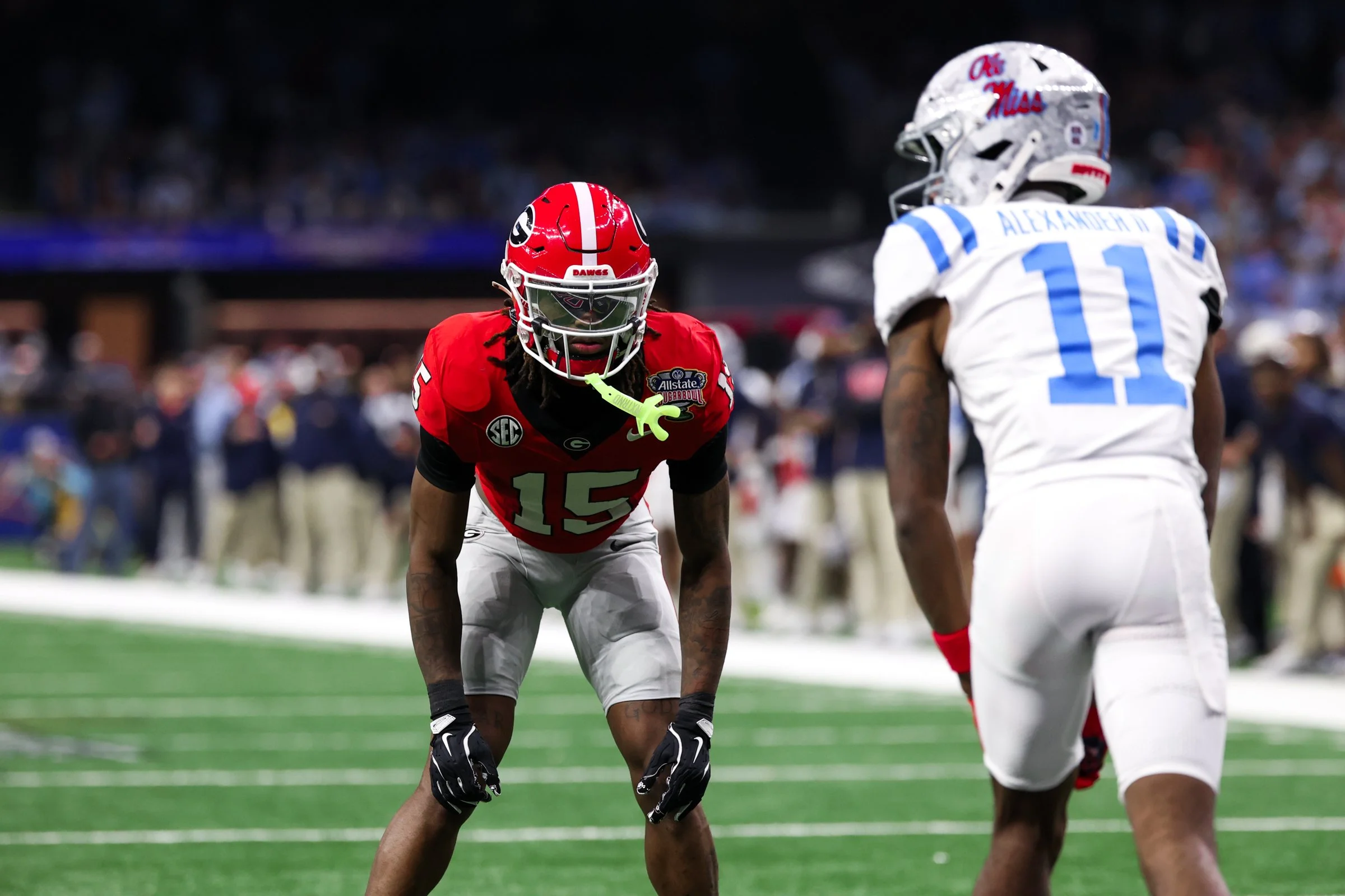 Georgia defensive back Demello Jones (15) lines up during the first half of the 2026 Allstate Sugar Bowl College Football Playoff Quarterfinal game between Georgia and Ole Miss at the Caesars Superdome in New Orleans on Thursday, Jan. 1, 2026. Ole Mi