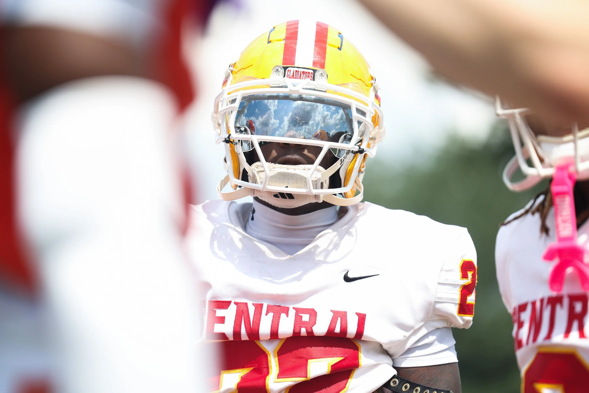 Clarke Central Linebacker Jamairon Herring (22) stands with other captains before kickoff during the Classic City Championship game at Water-Wilkins Stadium in Athens, Georgia, on Saturday, Aug. 16, 2025. Clarke Central defeated Cedar Shoals 13-12 in