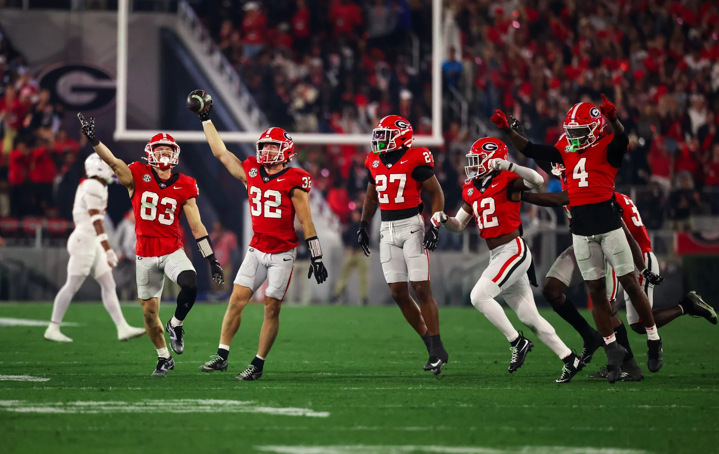 Georgia running back Cash Jones (32) celebrates after recovering an onside kick during the second half of the football game between Georgia and Texas at Sanford Stadium in Athens, Georgia, on Saturday, Nov. 15, 2025. Georgia won 35-10. (Photo/Kaleb T