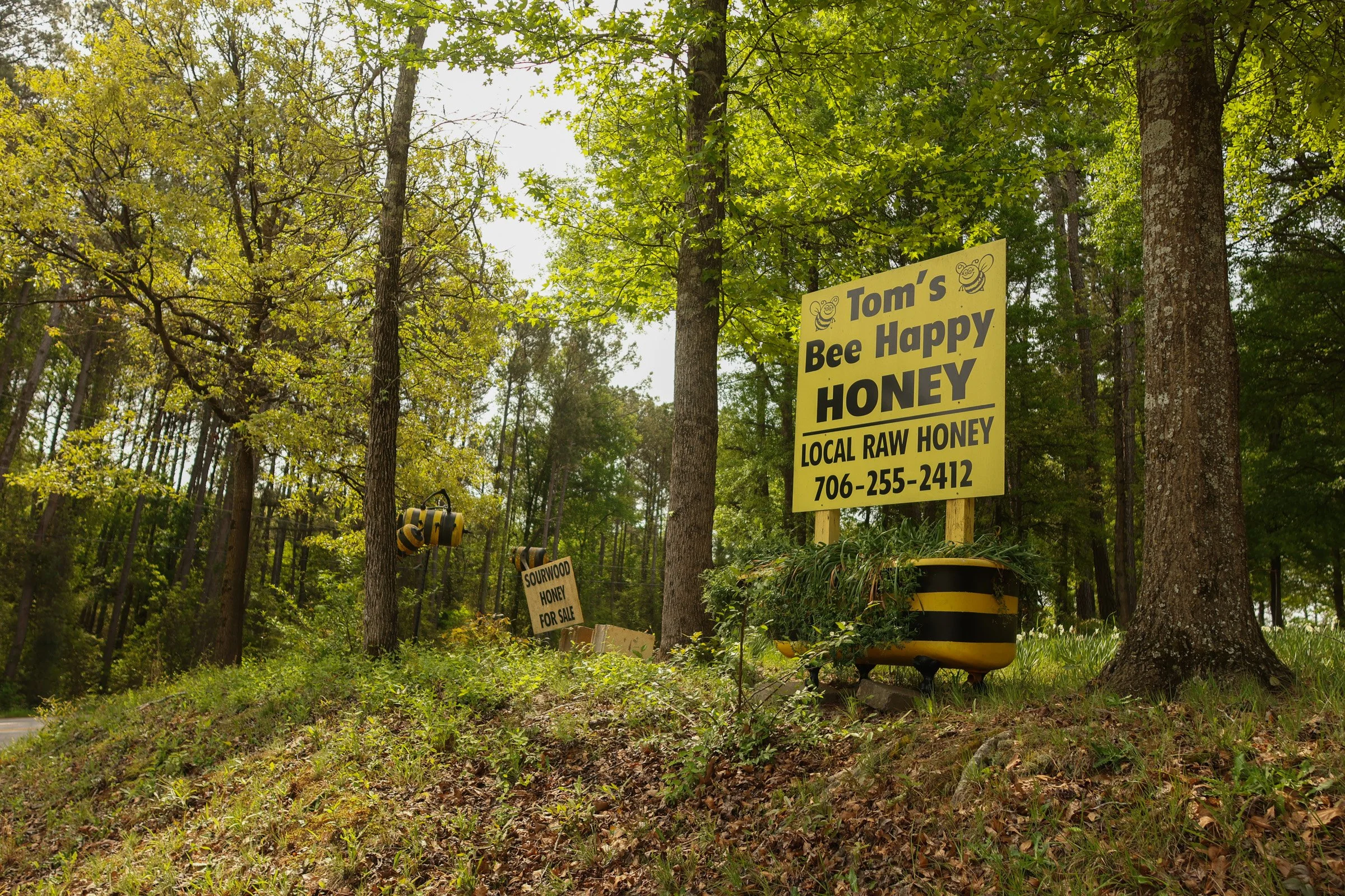 A sign advertising Tom Hankins's honey business stands next to the road outside of his house in Danielsville, Georgia, on April 14, 2025.