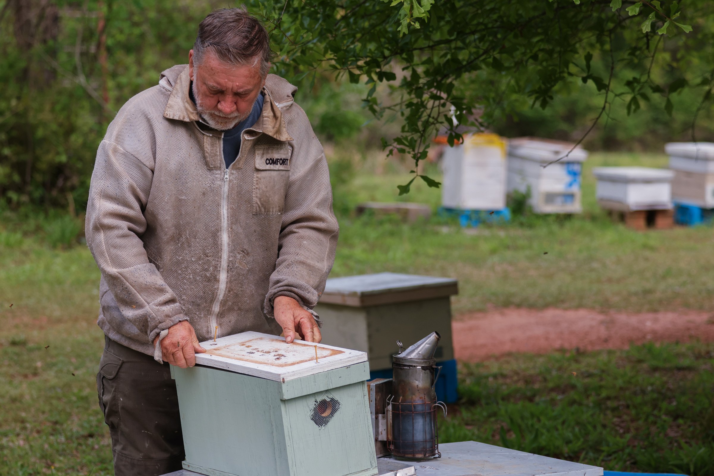 Tom Hankins tends to his beehives in Danielsville, Georgia, on April 14, 2025. He checks the hives weekly, ensuring the bees are thriving.