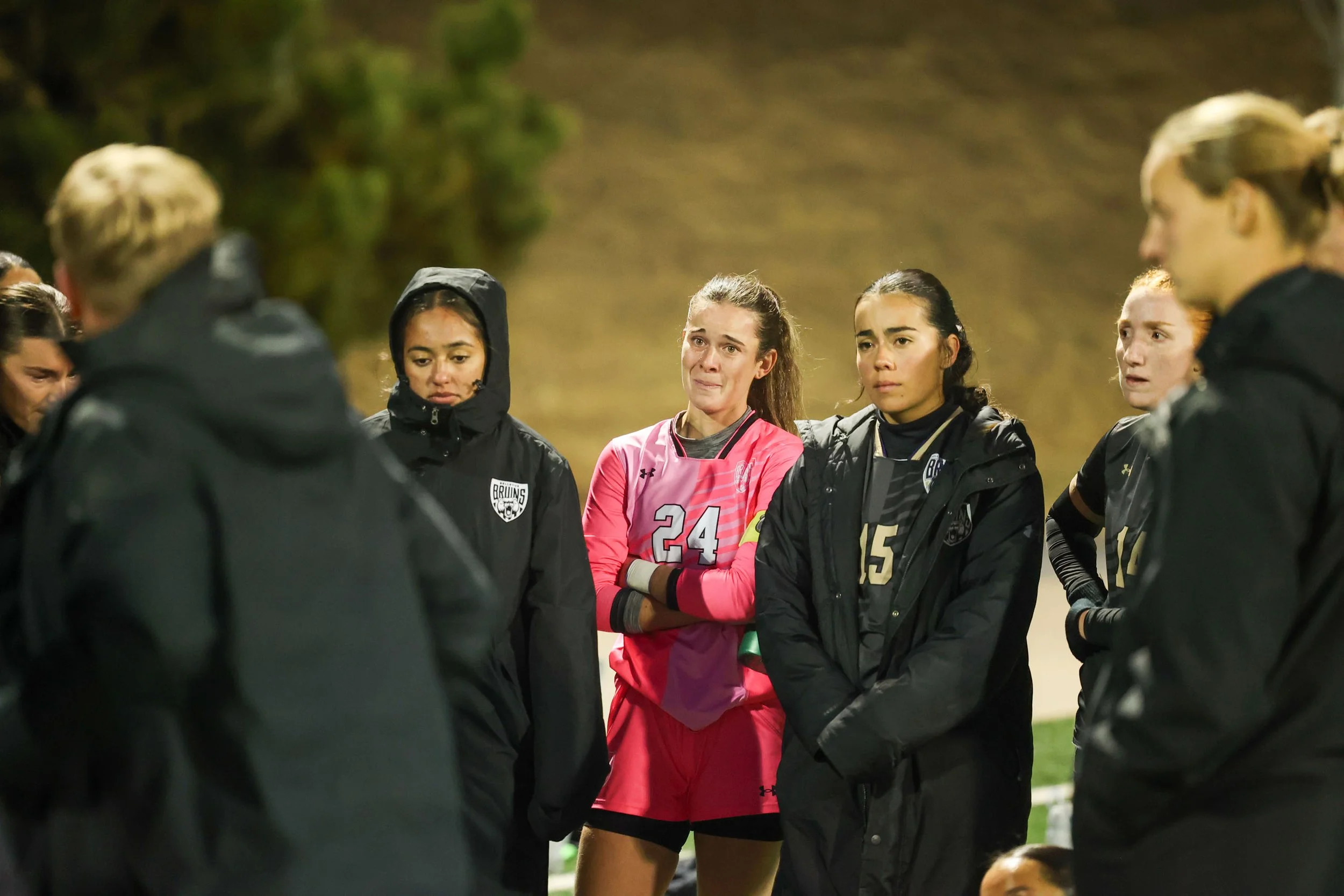 Bellevue College Goalkeeper Abril Cura (24), a freshman, gets emotional after the Continental Athletic Conference women’s soccer championship between Georgia Gwinnett College and Bellevue University at the Gwinnett College soccer complex in Lawrencev