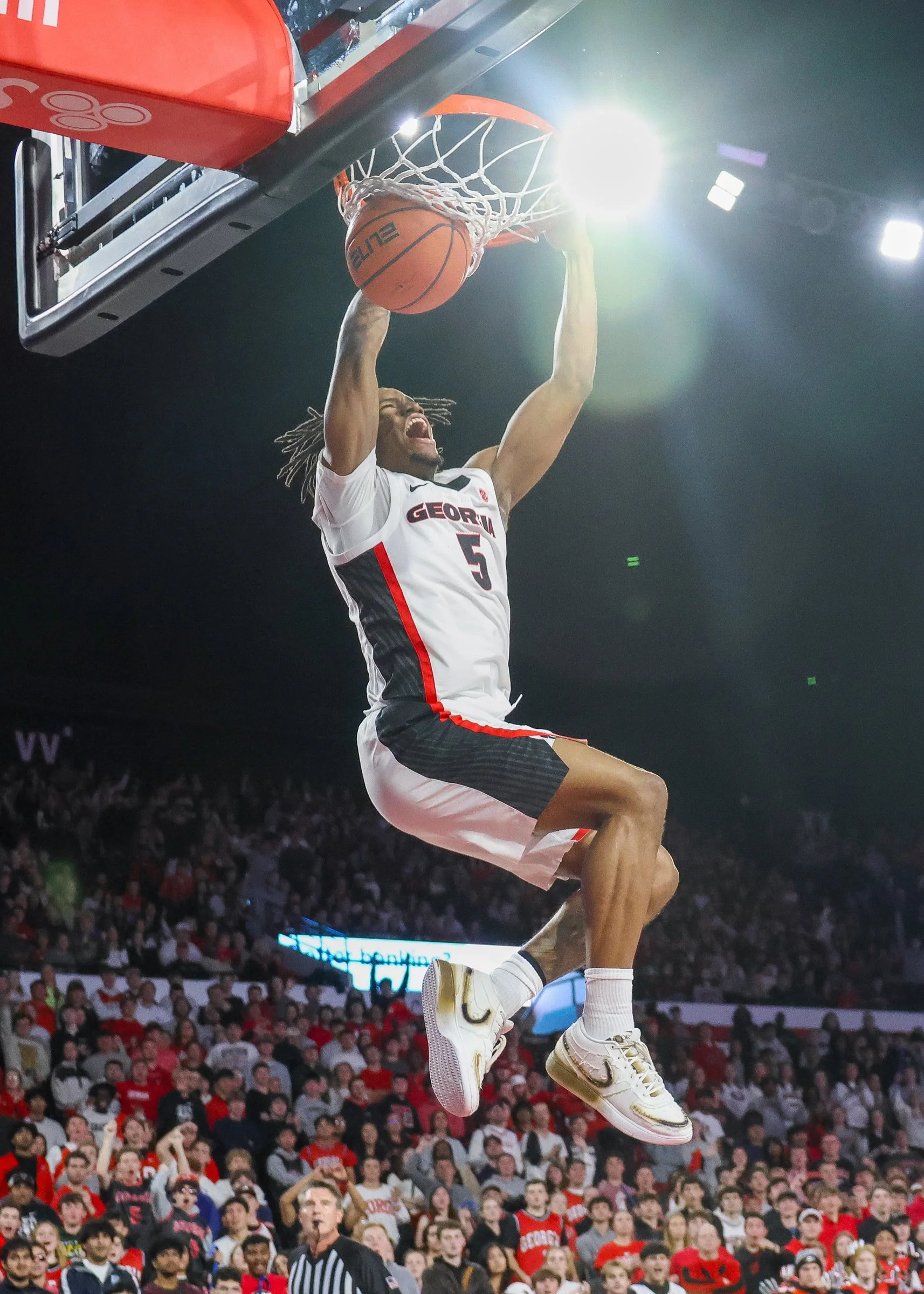 Georgia guard Jeremiah Wilkinson (5) dunks during an NCAA basketball game between Georgia and Ole Miss at Stegeman Coliseum in Athens, Georgia, on Wednesday, Jan. 14, 2026. Ole Miss won 97-95. (Photo/Kaleb Tatum)