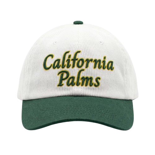 White and green baseball cap with 'California Palms' embroidered on the front.