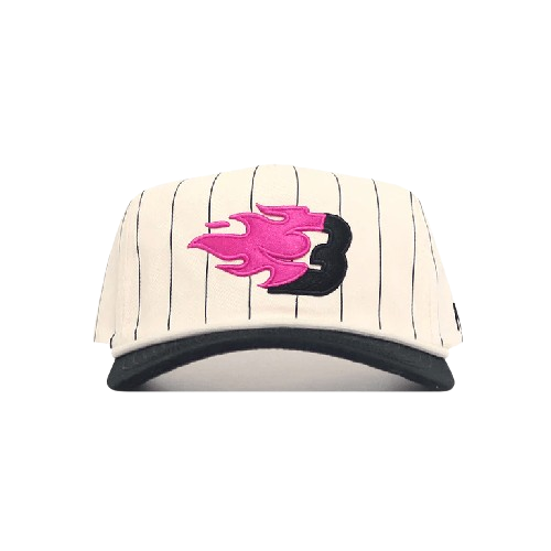 A white baseball cap with black pinstripes, featuring a pink flaming fireball and the number three embroidered on the front.