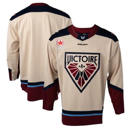Ice hockey jersey with the brand name Bauer, featuring a large logo with a bird and the word "Victoire" on the front, and a small Air Canada logo on the back.