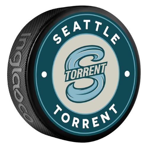 Seattle Torrent hockey puck with the team's logo, featuring a stylized 'S' with water ripple effects, and the team name arched around it.