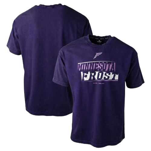 A navy blue T-shirt with the Minnesota Vikings logo and text, front view, and a plain back view.