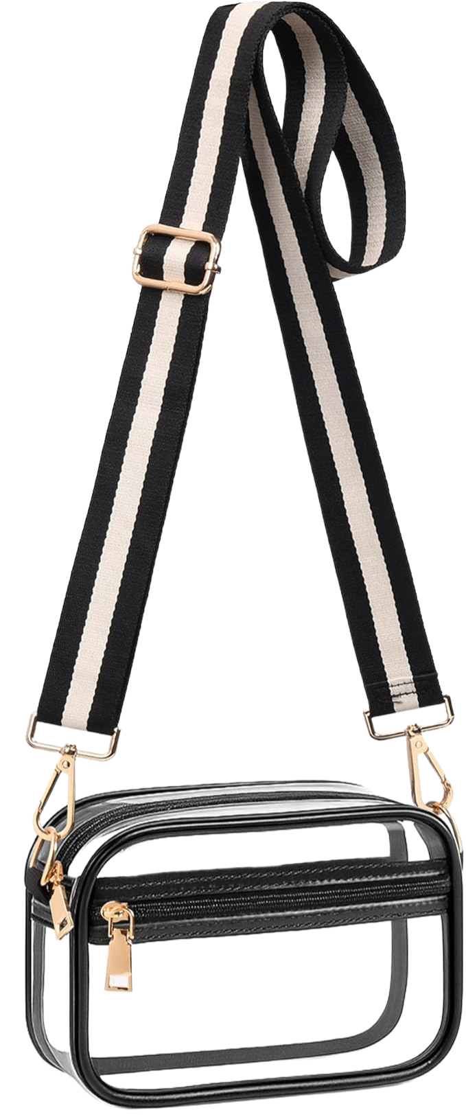 Black and white striped strap camera case with a transparent rectangular frame and gold accents.