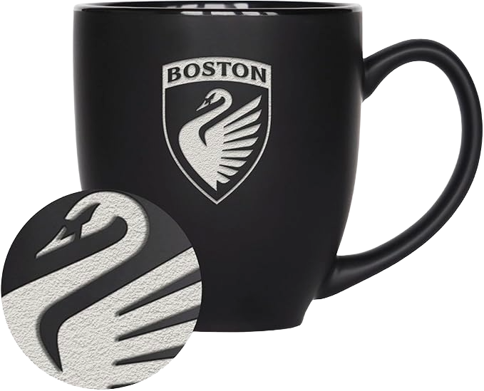 Black mug with the Boston logo featuring a white swan and the word 'BOSTON' in uppercase.