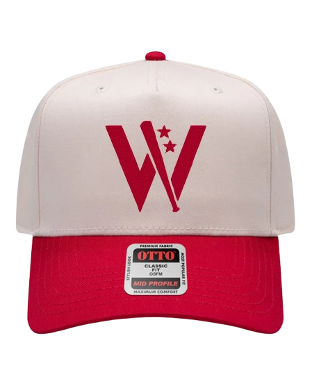 A baseball cap with a white crown, red brim, and a red button on top. The front features a large red 'W' with two stars above it.