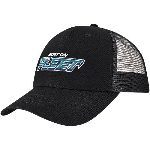 Black baseball cap with a mesh back, embroidered with 'Boston' and 'FLEET' logo.
