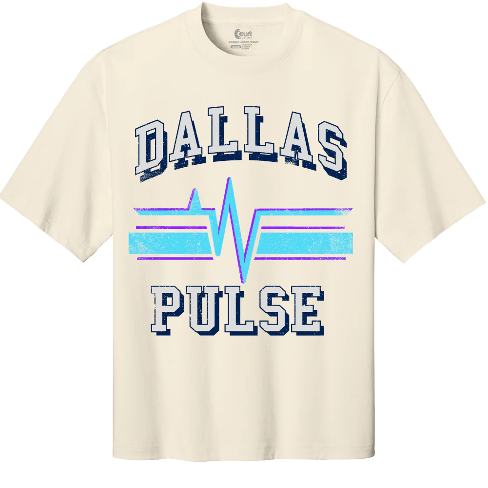White T-shirt with text 'DALLAS PULSE' and a colorful stylized heartbeat line in the center.