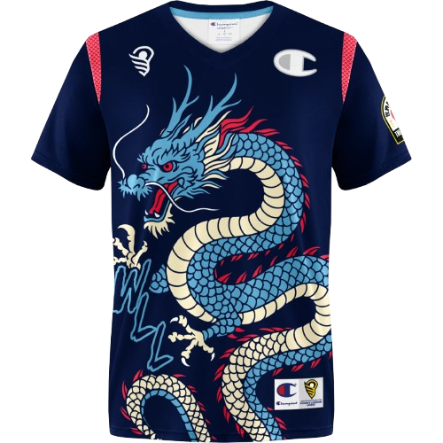 A navy blue sports jersey with a large blue and beige dragon graphic on the front, featuring red accents, along with logos of Champion and other brands.