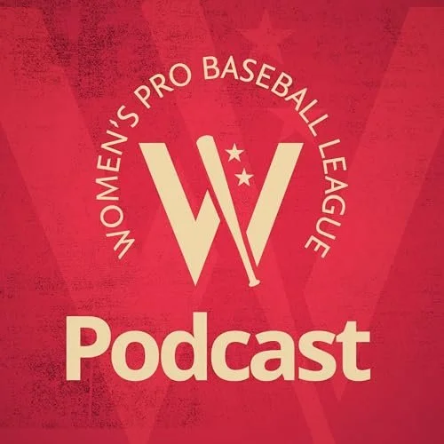Logo for Women's Pro Baseball League Podcast with a stylized 'W' and a baseball bat, on a red background.