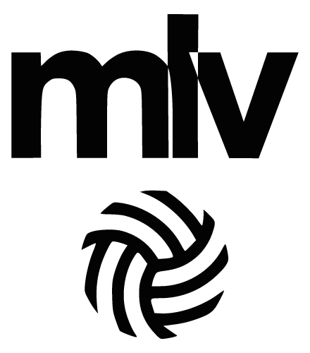 Black logo with the letters 'm' and 'v' above a stylized volleyball.