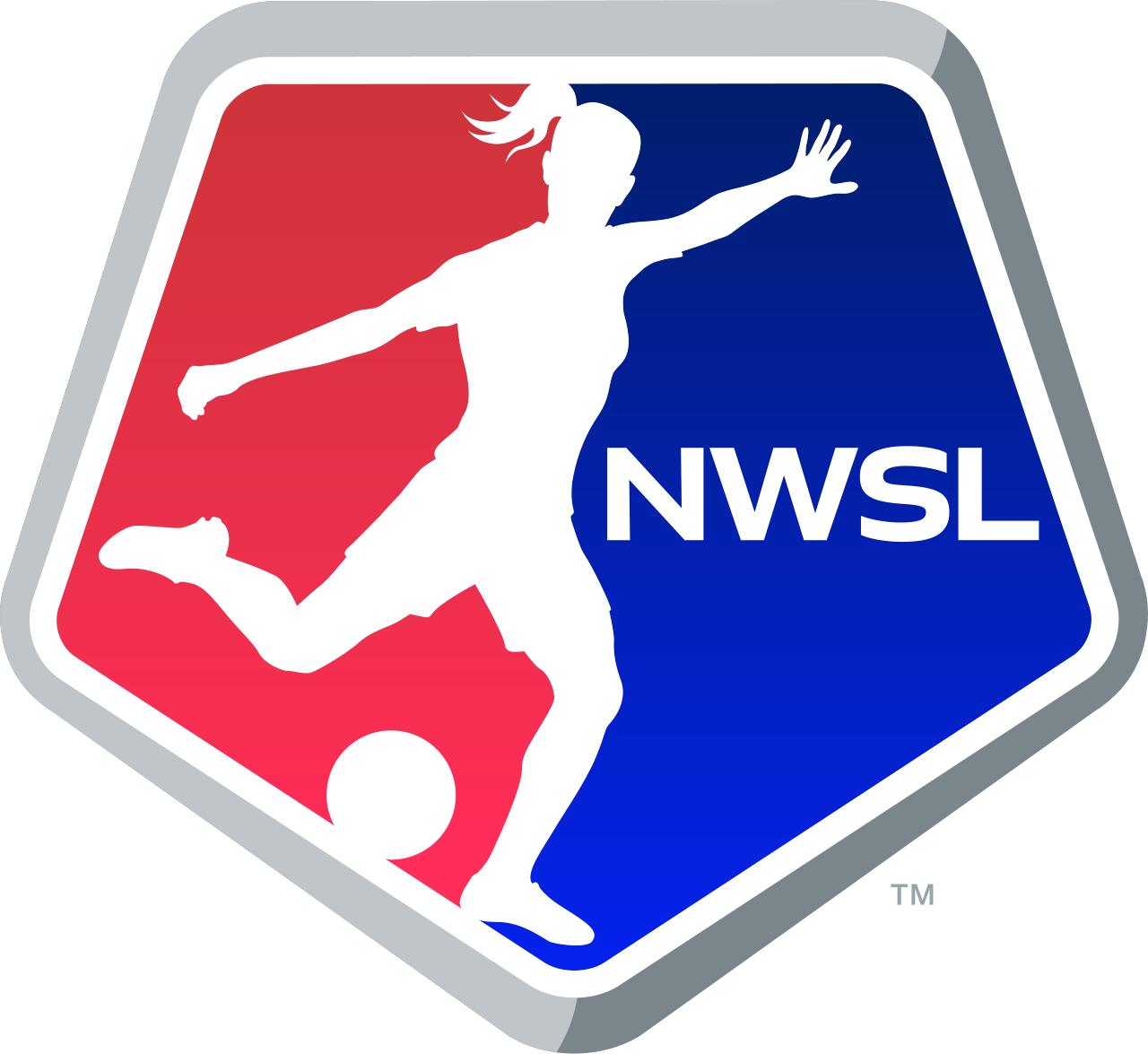Logo for the National Women's Soccer League (NWSL) featuring a silhouette of a female soccer player kicking a ball, with a red and blue background.