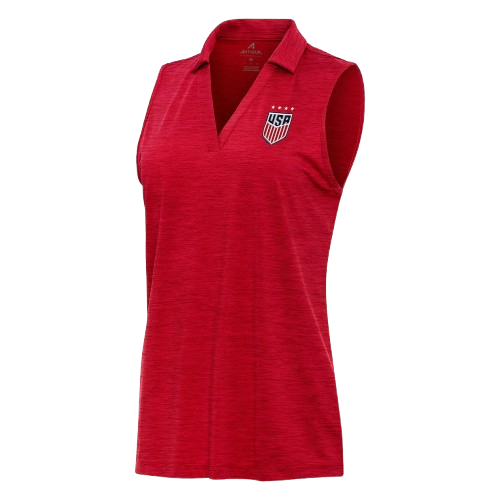 Red United States Soccer team sleeveless shirt with collared neckline and USSF badge logo
