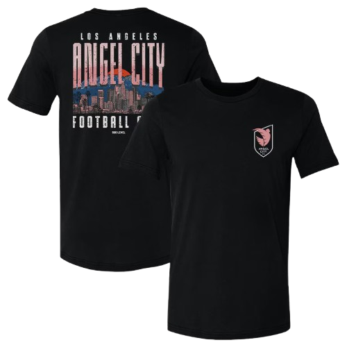 Black t-shirt with a pink and white Los Angeles Angel City Football Club logo on the front and an illustration of the Los Angeles skyline with the text 'Los Angeles Angel City' and 'Football Club' on the back.