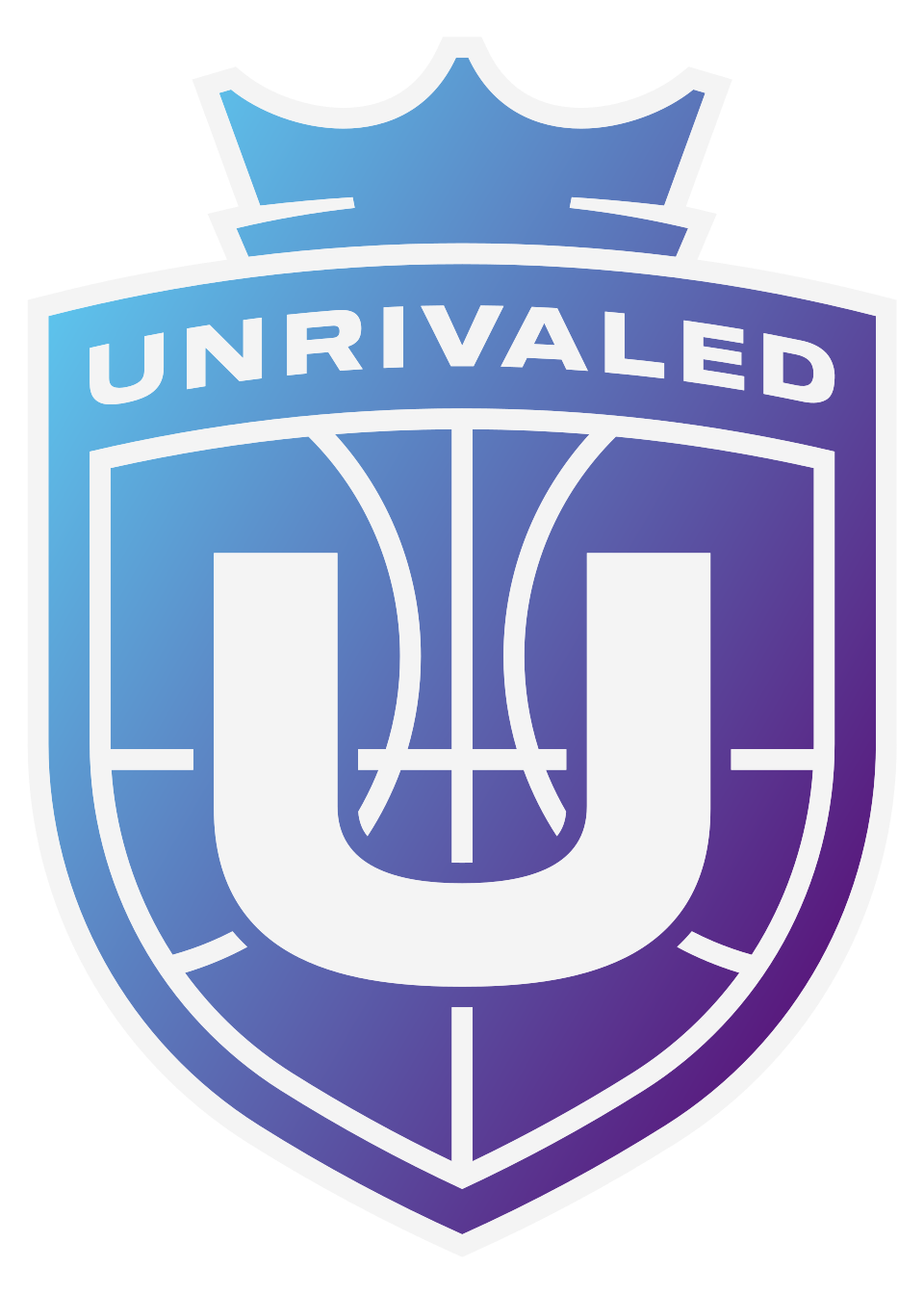 A sports logo with a shield shape, a basketball court outline, and the word "UNRIVALED" at the top, in shades of blue and purple.