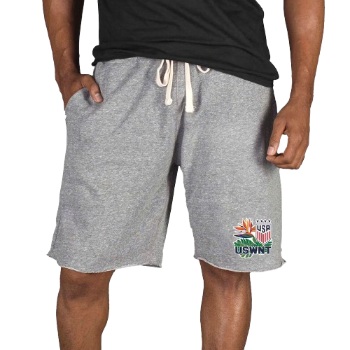 Close-up of a man wearing gray shorts with a drawstring, featuring the US Open logo and a tennis ball graphic.