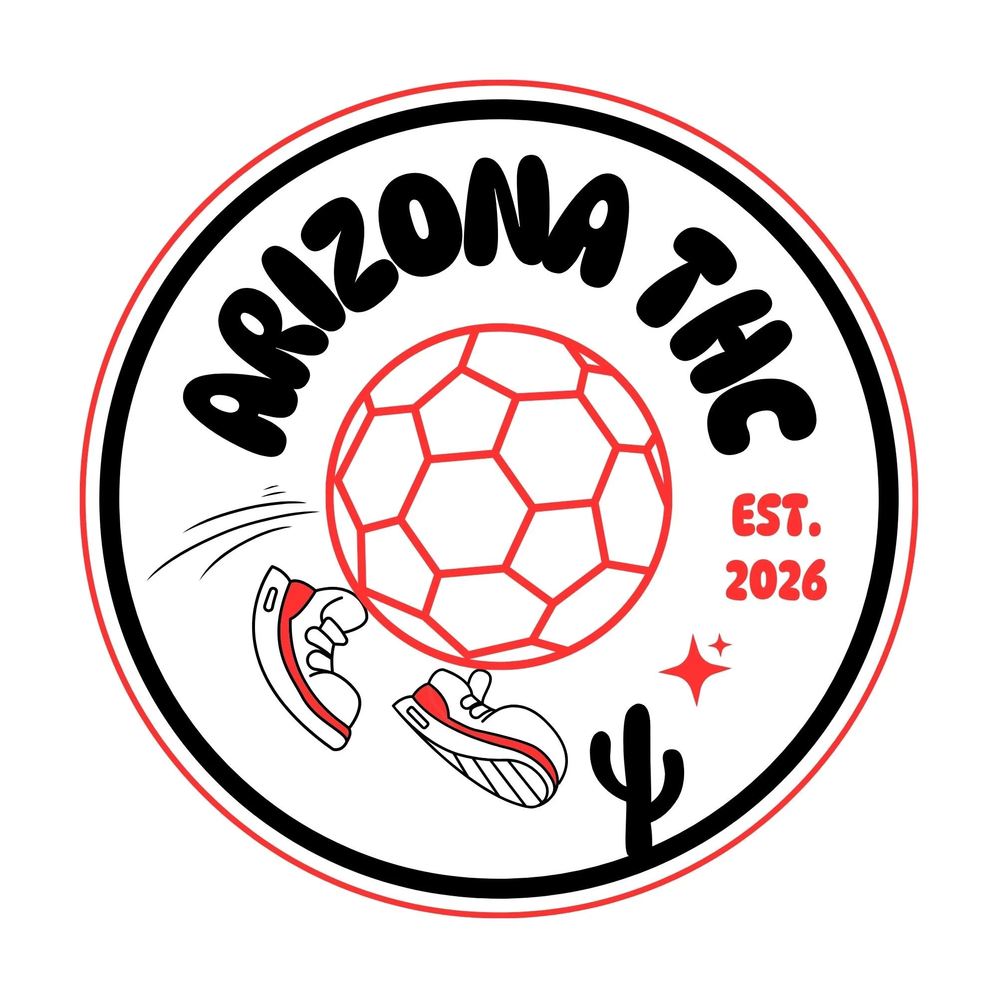 A logo featuring a red outlined handball jumping over a small cactus. With phrase "EST. 2026" in red on the right side. A small sparkle icon is present near the bottom right.