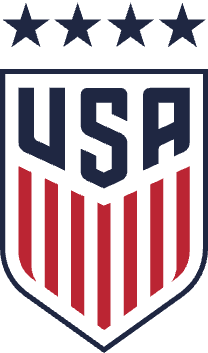 USA Soccer team logo featuring a shield with red and white vertical stripes at the bottom and blue stars above, with 'USA' in bold navy letters.
