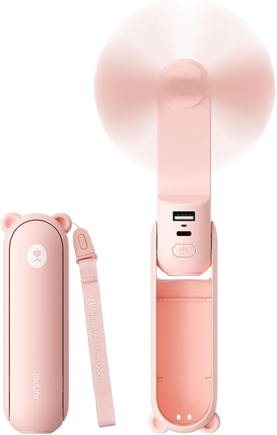 A pink portable fan with a detachable power bank, featuring a handle and button controls, and a matching carry case with a bear face design and strap.