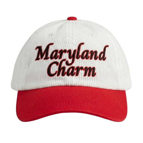A baseball cap with a white crown, red brim, and red button on top. The cap has embroidery that says 'Maryland Charm' in black and red script.