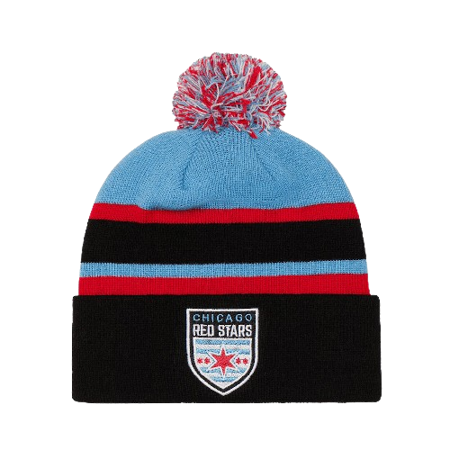 Blue, black, and red Chicago Red Stars beanie with a pom-pom on top and the team logo on the front.