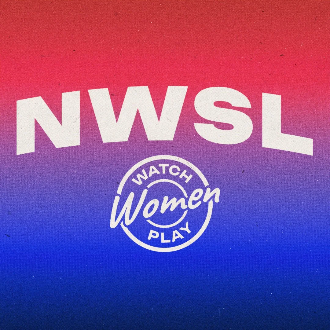 Gradient background with large white text 'NWSL' and a circular logo with words 'Watch Women Play' inside.