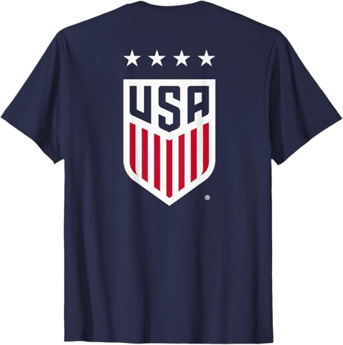 Back of Navy blue USA soccer jersey with white USA logo and four white stars above.