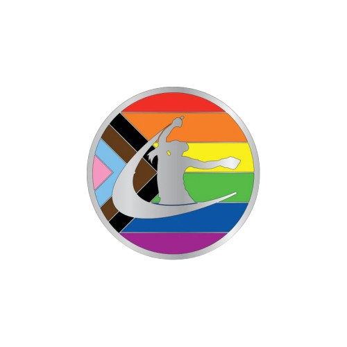 A circular logo featuring a person in a yoga pose with a rainbow-colored background and a flag combining the pride and trans pride flags.