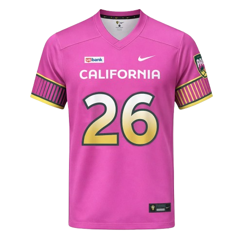 Pink California soccer jersey with the number 26, Nike logo, US Bank sponsor, and a patch on the right sleeve.